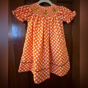 Thanksgiving Orange Polka Dot Hand Smocked Bishop Dress